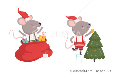 Cute Grey Mouse in Christmas Santa Hat Jumping Out of Sack with Gifts and Decorating Fir Tree Vector Set Cute Grey Mouse in Christmas Santa Hat Jumping Out of Sack with Gifts and Decorating Fir Tree Vector Set 84846093