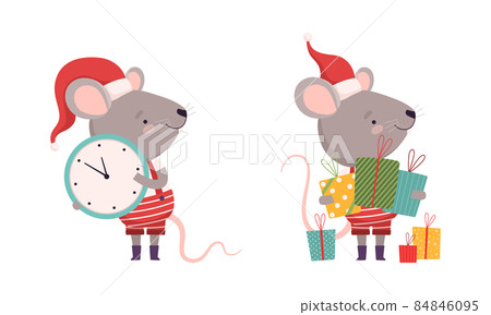 Cute Grey Mouse in Christmas Santa Hat Holding Gift Box and Clock Vector Set Cute Grey Mouse in Christmas Santa Hat Holding Gift Box and Clock Vector Set 84846095