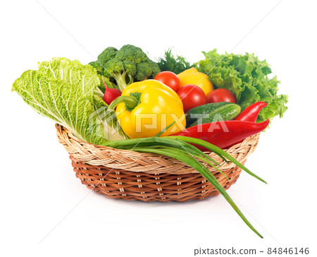 Set of various vegetables. Broccoli, tomatoes, peppers in the basket. White background. 84846146
