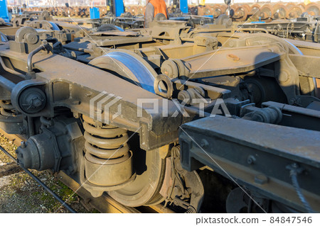 Work depot stations with repair wagons freight train wheels rails 84847546