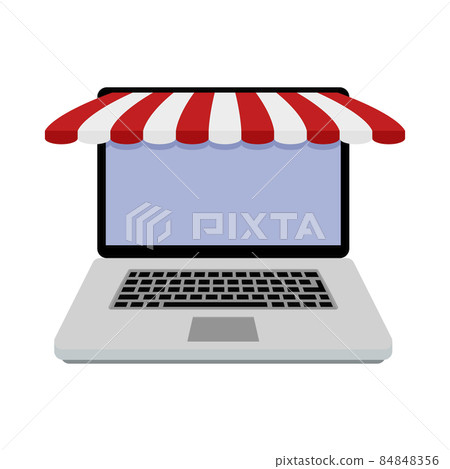 Laptop online store showcase with stripped awning Laptop online store showcase with stripped awning 84848356