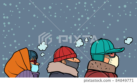 people in medical masks in winter in the cold, a pandemic in season. Coronavirus epidemic 84849771