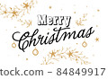Merry christmas, happy new year lettering font text card. Typography inscription decoration poster type winter holiday art design tree circular wreath, old style snow. Illustration isolated background 84849917