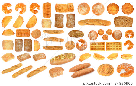 Large set healthy fresh bread products isolated on white 84850906