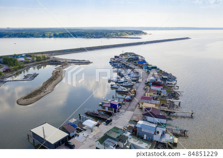 Aerial view of the cape with berths for boats on Ob reservoir called the Ob Sea in Russia 84851229