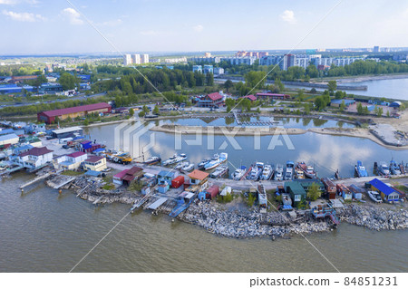 Aerial view of the cape with berths for boats on the Ob reservoir called the Ob Sea in Russia 84851231