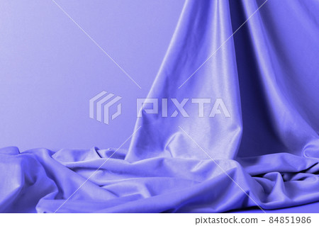 Chic velvet fabric curtain in trendy lavender color pery. Catwalk to advertise products trending color 2022. Copy space horizontal frame 84851986