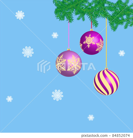 Christmas background with festive balls and snowflakes on a blue background. Christmas background with festive balls and snowflakes on a blue background. 84852074
