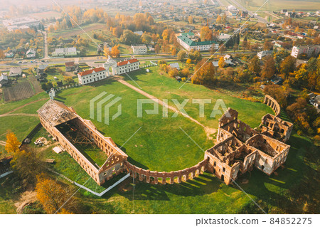 Ruzhany, Brest Region, Belarus. Cityscape Skyline In Autumn Sunny Evening. Bird's-eye View Of Ruzhany Palace. Famous Popular Historic Landmark Ruzhany, Brest Region, Belarus. Cityscape Skyline In Autumn Sunny Evening. Bird's-eye View Of Ruzhany Palace. Famous Popular Historic Landmark 84852275