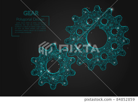 Abstract isolated blue image of a gear. Polygonal illustration looks like stars in the blask night sky in spase or flying glass shards. Digital design for website, web, internet Abstract isolated blue image of a gear. Polygonal illustration looks like stars in the blask night sky in spase or flying glass shards. Digital design for website, web, internet 84852859