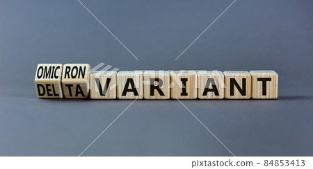 Covid-19 omicron variant symbol. Turned wooden cubes and changed words delta variant to omicron variant. Beautiful grey background. Medical, covid-19 and delta or omicron variant concept. Copy space. 84853413