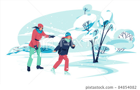 Two happy girls on the winter country rink together. Horizontal scene with snowy trees and hills. Flat vector illustration Two happy girls on the winter country rink together. Horizontal scene with snowy trees and hills. Flat vector illustration 84854082