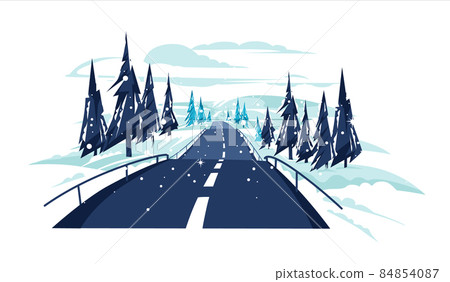 Empty country scene among hills with snowy road and fir-trees. Winter road or flat vector illustration.  84854087
