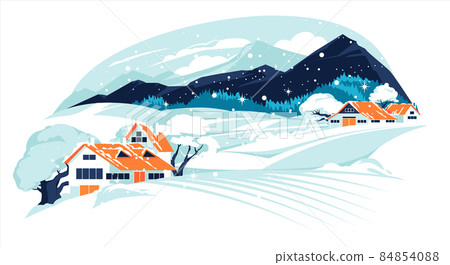 Winter houses among snow fields.Empty  scene with mountains , coniferouse trees and clouds on the background. Flat vector illustration 84854088