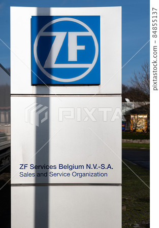 Neder-Over-Heembeek, Brussels, Belgium - 12 11 2021: Sign of the ZF Cogwheel company Neder-Over-Heembeek, Brussels, Belgium - 12 11 2021: Sign of the ZF Cogwheel company 84855137