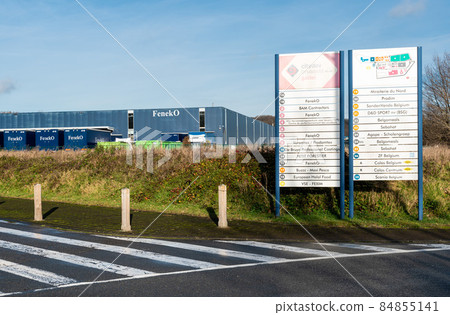 Neder-Over-Heembeek, Brussels, Belgium - 12 11 2021: Industrial site directions and the Feneko aluminium construction company Neder-Over-Heembeek, Brussels, Belgium - 12 11 2021: Industrial site directions and the Feneko aluminium construction company 84855141