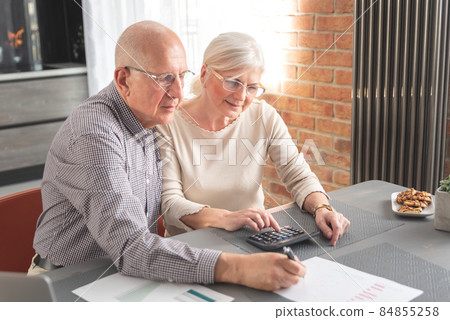 Senior couple calculate financial billing 84855258