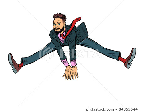 Businessman jumps up, funny leg pose wide. Joy emotions success Businessman jumps up, funny leg pose wide. Joy emotions success 84855544