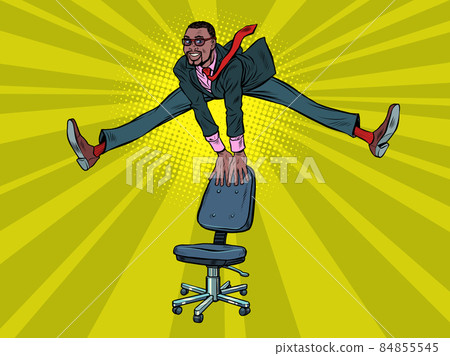 Businessman jumps up, funny leg pose wide. Joy emotions success Businessman jumps up, funny leg pose wide. Joy emotions success 84855545