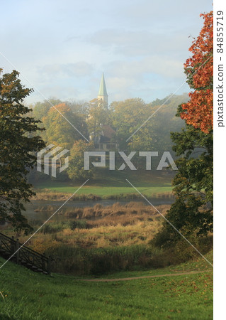 Morning autumn fog, Selective focus. Kuldiga, Latvia. High quality photo 84855719