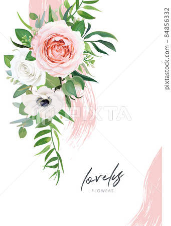 Vector, wedding floral invite card, invitation template design. Watercolor blush pink, white garden roses, ivory anemone flower, green eucalyptus, tropical palm leaf bouquet with abstract ink painting 84856332