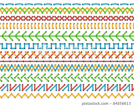 Embroidery stitches. Color decorative seams, seamless borders, ethnical sewing rows, lines pattern, needlework and ornaments, textile and fabric decoration vector isolated set Embroidery stitches. Color decorative seams, seamless borders, ethnical sewing rows, lines pattern, needlework and ornaments, textile and fabric decoration vector isolated set 84856613