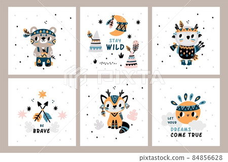 Cute Indian animals cards. Funny woodland tribal creations with decorated muzzles and headbands with feathers. Cartoon mammals in ethnic clothes. Vector Scandinavian style postcards set Cute Indian animals cards. Funny woodland tribal creations with decorated muzzles and headbands with feathers. Cartoon mammals in ethnic clothes. Vector Scandinavian style postcards set 84856628