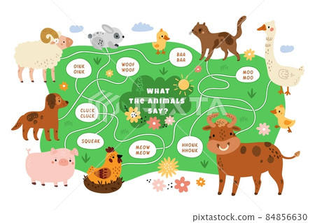 Educational kids animals game. Different farm mammals sound search pathway. Cartoon design of nursery puzzle. Baby playful learning. Livestock and sayings matching. Vector challenge concept Educational kids animals game. Different farm mammals sound search pathway. Cartoon design of nursery puzzle. Baby playful learning. Livestock and sayings matching. Vector challenge concept 84856630