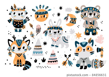 Cute Indian tribal animals. Funny bunny, fox, raccoon and owl with feathers decor and painted faces. Boho forest creations in ethnic costumes. Tepee and arrows. Vector wild mammals set 84856631