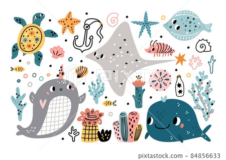 Cute seaweed and animals. Funny ocean inhabitant, underwater organisms life, kids marine flora and fauna, corals and sea sponges, childish marine collection, vector cartoon isolated set Cute seaweed and animals. Funny ocean inhabitant, underwater organisms life, kids marine flora and fauna, corals and sea sponges, childish marine collection, vector cartoon isolated set 84856633