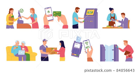 Payment methods. Different shopping types. People make purchases and pay for services. Banking app various options. Money transactions. Credit cards. Vector financial transfers set Payment methods. Different shopping types. People make purchases and pay for services. Banking app various options. Money transactions. Credit cards. Vector financial transfers set 84856643