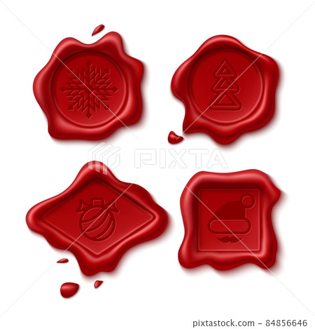 Christmas wax seal. Realistic red holiday stamps with New Year symbols. Snowflake, toy or Xmas tree imprint. Sealing gifts. Parcel or letter confidential elements. Vector embosses set Christmas wax seal. Realistic red holiday stamps with New Year symbols. Snowflake, toy or Xmas tree imprint. Sealing gifts. Parcel or letter confidential elements. Vector embosses set 84856646