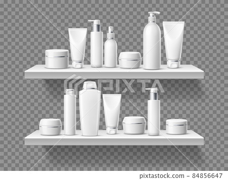 Shelf with creams. Realistic skin care cosmetic packaging. Beauty and health products. Different 3d tubes. Moisturizer jars and bottles. Rack hanging on transparent wall. Vector concept Shelf with creams. Realistic skin care cosmetic packaging. Beauty and health products. Different 3d tubes. Moisturizer jars and bottles. Rack hanging on transparent wall. Vector concept 84856647