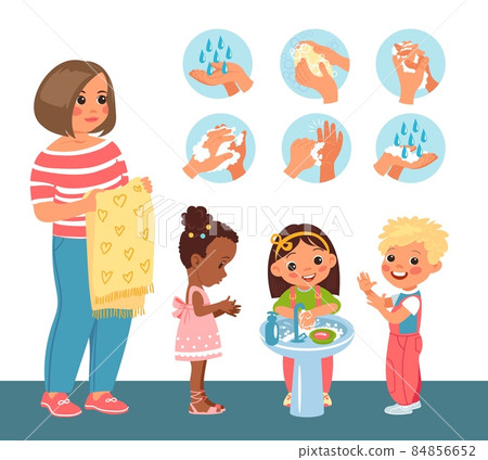 Kids wash hands. Educator monitors children hygiene. Boys and girls disinfect arms. Teacher control over process. Preschoolers cleaning palms in washbasin. Steps manual. Vector concept Kids wash hands. Educator monitors children hygiene. Boys and girls disinfect arms. Teacher control over process. Preschoolers cleaning palms in washbasin. Steps manual. Vector concept 84856652