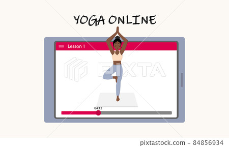 Yoga online, with the help of gadgets. A pretty African girl shows an asana on the tablet screen. Yoga training via the Internet. Vector illustration. 84856934