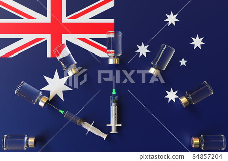 Flag of Australia and syrines with vaccine vials. Vaccination time concept 3D rendering 84857204