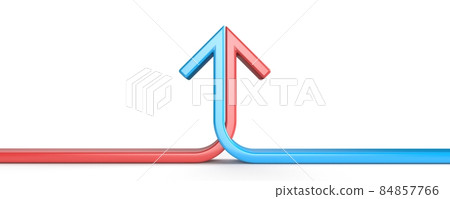 Arrow formed by two merging red and blue lines crossed 3D Arrow formed by two merging red and blue lines crossed 3D 84857766