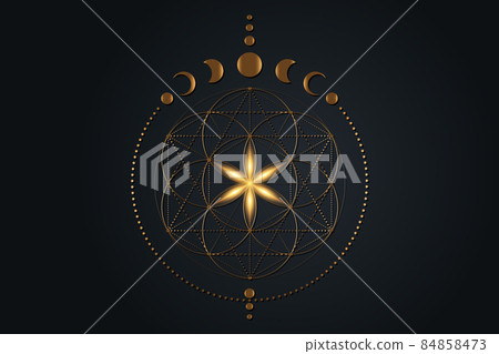 Mystical flower of life and Moon Phases, Sacred geometry. Gold Seed of life. Pagan Wiccan goddess symbol, old golden wicca banner sign, energy circles, boho style vector isolated on black background Mystical flower of life and Moon Phases, Sacred geometry. Gold Seed of life. Pagan Wiccan goddess symbol, old golden wicca banner sign, energy circles, boho style vector isolated on black background 84858473