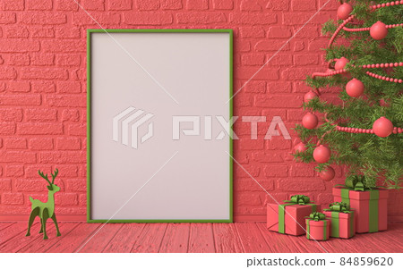Mock up blank picture frame Red and green Christmas decoration and gifts 3D Mock up blank picture frame Red and green Christmas decoration and gifts 3D 84859620