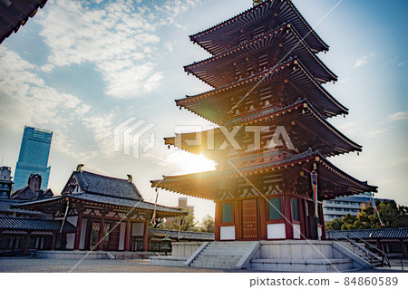 Five-storied pagoda and Abeno Harukas at Shitennoji Temple in Tennoji Ward, Osaka City 84860589
