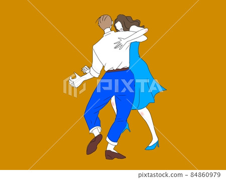 Two people dancing happily with a woman in a blue dress Two people dancing happily with a woman in a blue dress 84860979