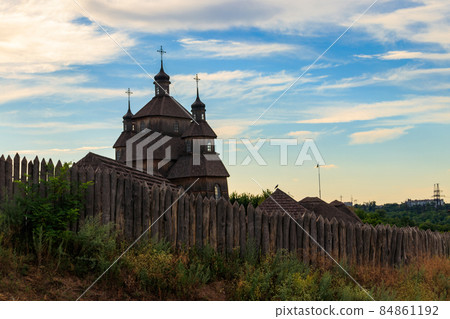 Medieval wooden Zaporozhian Sich on Khortytsia island in Zaporizhia, Ukraine 84861192