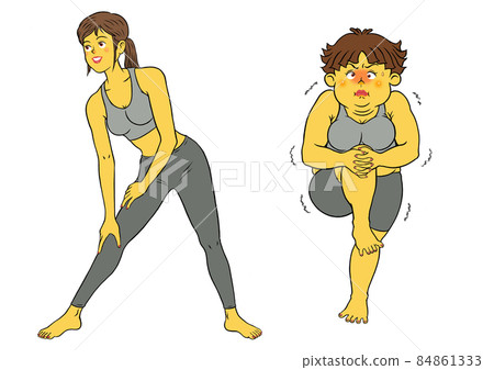 Stretching, fitness instructor female and chubby female Stretching, fitness instructor female and chubby female 84861333