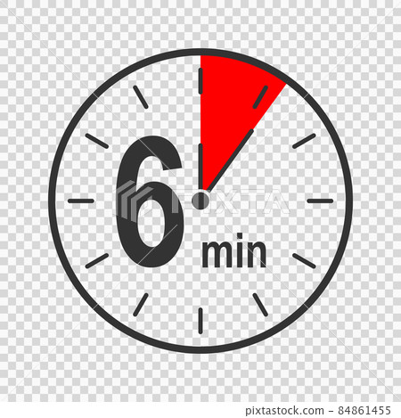 Clock icon with six minute time interval. Countdown timer or stopwatch symbol with 6 min text. Infographic element for cooking or sport game Clock icon with six minute time interval. Countdown timer or stopwatch symbol with 6 min text. Infographic element for cooking or sport game 84861455