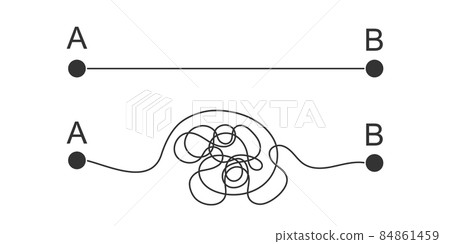 Straight and curved paths from start A to finish B points. Ideal and real plan, expectation and reality concept Straight and curved paths from start A to finish B points. Ideal and real plan, expectation and reality concept 84861459