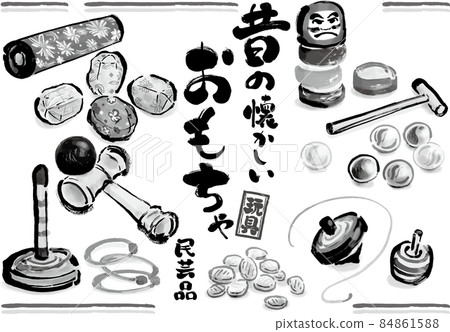 Hand-drawn illustration set of old nostalgic toys monochrome, single color, Hand-drawn illustration set of old nostalgic toys monochrome, single color, 84861588