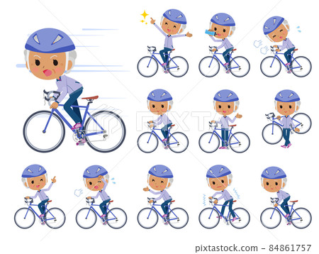 騎著公路自行車的淺紫色球衣老年婦女 騎著公路自行車的淺紫色球衣老年婦女 84861757