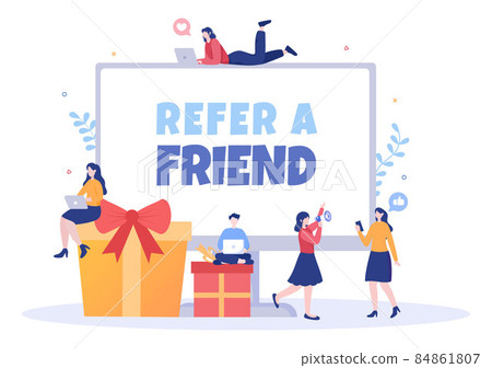 Refer a Friend Flat Design Illustration with Megaphone on Screen Mobile Phone and Social Media Marketing for Friends via Banner, Background or Poster 84861807