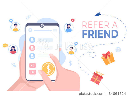 Refer a Friend Flat Design Illustration with Megaphone on Screen Mobile Phone and Social Media Marketing for Friends via Banner, Background or Poster Refer a Friend Flat Design Illustration with Megaphone on Screen Mobile Phone and Social Media Marketing for Friends via Banner, Background or Poster 84861824