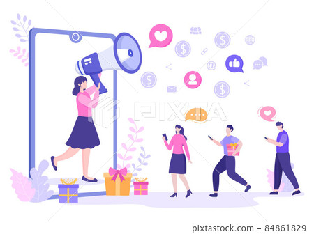 Refer a Friend Flat Design Illustration with Megaphone on Screen Mobile Phone and Social Media Marketing for Friends via Banner, Background or Poster 84861829
